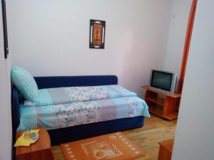 蒂米什瓦拉Pensiunea Vladut Timisoara的一间卧室配有蓝色的床和电视