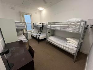 珀斯Wallaby Backpackers Hostel Perth - note - Valid passport required to check in -的带窗户的客房内的三张双层床