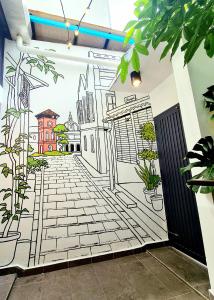 马六甲[New] Backlane Elegance 5pax Near Jonker 800m的植物建筑墙上的壁画