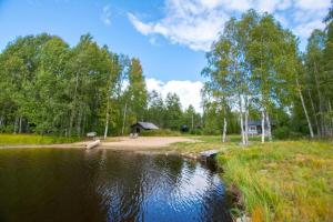 PääjärviMertaranta的森林中央带小屋的湖泊