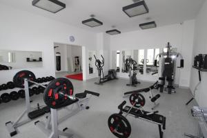 尤斯托尼莫斯基Apartament Deluxe的一间健身房,里面设有数个健身器材