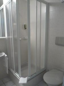 Wisen鲁汶客栈的浴室设有玻璃淋浴间和卫生间