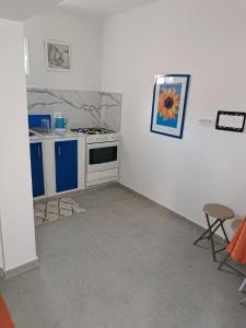 杰尔吉斯Petit Appartement Sidi kbir的厨房配有炉灶和蓝色橱柜,墙上挂着一幅画