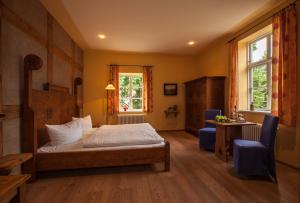 布格施塔加德布格施塔加德酒店的卧室配有一张床、一张书桌和窗户。