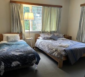 旺阿雷Rest & Relax Villa Whangarei的一间卧室设有两张床和窗户。