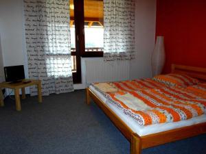 SmradávkaPenzion Na přehradě的一间卧室配有一张床、一张桌子和一个窗户。