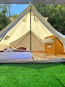 停泊岛Dnamie Glamping - Lux Tent的草上带床的帐篷