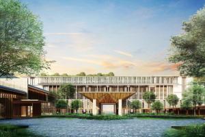 蔻立Khao Lak Marriott Beach Resort & Spa的木结构建筑的建筑 ⁇ 染