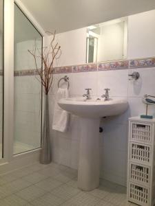波塔当Cherryville House的白色的浴室设有水槽和淋浴。