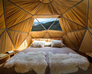 百内三塔巴塔哥尼亚生态露营酒店的蒙古包内带床的房间,带窗户