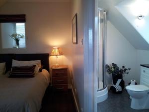 洛西茅斯Links Lodge的一间卧室配有一张床、卫生间和灯