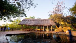 MasvingoLodge At The Ancient City的池塘旁带茅草屋顶的凉亭