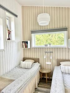 厄勒布鲁Lilla huset Bed & Breakfast - gästhus 1-3 personer och egen parkering的一间小卧室,配有两张床和窗户