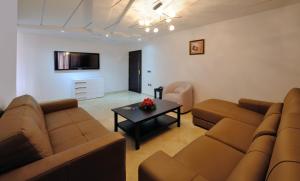 马拉喀什莫纳公寓式酒店的客厅配有2张棕色沙发和1张桌子