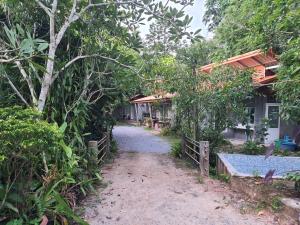 Ban Pak NamBaan Thabthong Homestay (บ้านทับทอง โฮมสเตย์)的树木丛生的房子前的土路