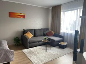 里加Cozy apartment close to Riga Airport的客厅配有沙发和桌子