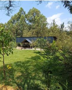 KakamegaThe Petrichor House Kakamega的田野上黑屋顶的房子