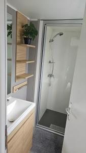 KropswoldeCozy Tiny SolHouse 7 - Near Groningen - 5 Star Location的带淋浴和盥洗盆的浴室