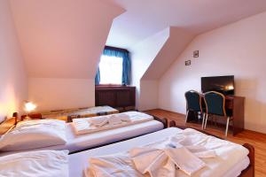 SloupHotel Stara Skola的一间卧室配有两张床、一张桌子和一个壁炉