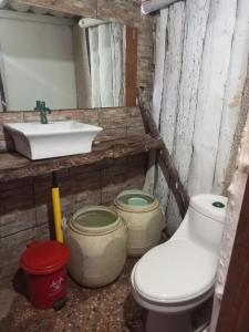 布兰卡滩Hostal Aquamarine的一间带水槽、卫生间和水桶的浴室