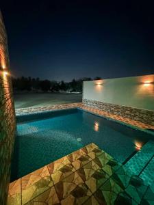 Al RahbaLuxury Farmhouse Near Yas Island With Swimming Pool, BBQ Area & Majlis的夜间在房子里的一个游泳池