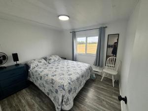 BedequeCottages On PEI-Oceanfront的一间卧室设有一张床、一个窗口和一把椅子