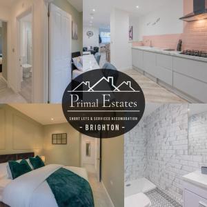 布莱顿霍夫4 Bedroom House by Primal Estates Short Lets in Brighton的一张带床和浴室的酒店客房的标志