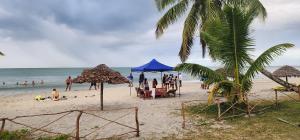 MahamboMAHAMBO BEACH hôtel的一群人在海滩上,有遮阳伞和海洋