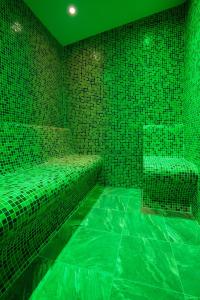 萨帕雷瓦巴尼亚Family Hotel Relaxa的绿色客房,设有绿色瓷砖墙壁和长凳