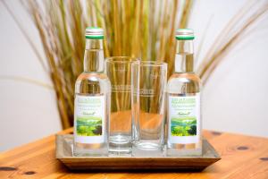 上施陶芬Berghüs Schratt - EINFACH ANDERS - Ihr vegetarisches und veganes Biohotel的木桌上三瓶和玻璃杯
