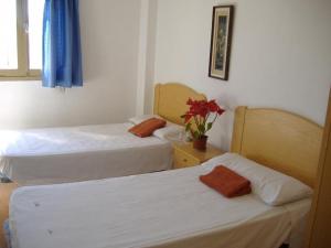 英格兰海滩Hostal Casa de Huéspedes San Fernando - Adults Only的一间设有两张床和花瓶的房间