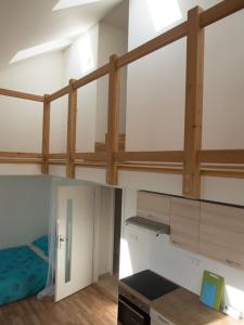 布尔诺Apartment Brno Reissigova的带厨房和卧室的阁楼床