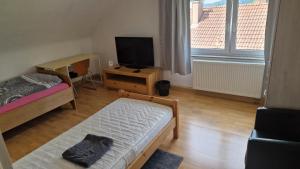 施瓦格明德Rooms & Apartments Schwäbisch Gmünd的小房间设有床铺和电视