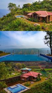 马哈巴莱斯赫瓦尔Lifeline Villas - Miracle 5BHK Infinity Pool Villa With Breathtaking Valley View And Huge Lawn Area的两幅房子和湖泊的照片