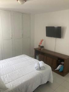 巴兰基亚Habitación en apartamento compartido al frente del cc Unico的一间卧室配有一张床和一台平面电视