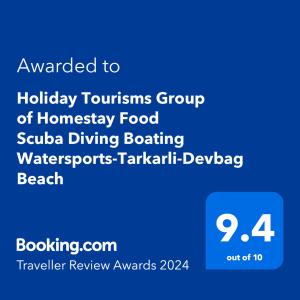 BhogweHoliday Tourisms Group of Homestay Food Scuba Diving Boating Watersports-Tarkarli-Devbag Beach的一种蓝色标志,读出同质性食物牛仔板的旅游群