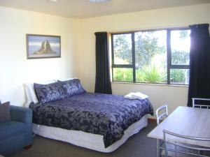 Owaka卡特林斯纽海文假日公园露营地的一间卧室设有一张床和一个窗口
