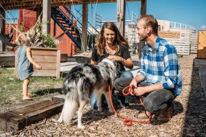 艾默伊登Basecamp Tiny House Eco Resort的男人和女人用狗皮带绳子