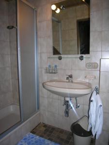 德弗雷根谷地圣雅各布古特温格豪斯酒店的浴室配有水槽、淋浴和浴缸。