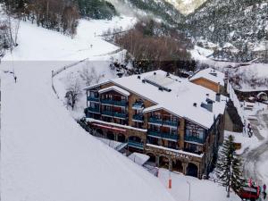 阿林萨尔Ushuaia, The Mountain Hotel的雪中滑雪小屋的空中景致