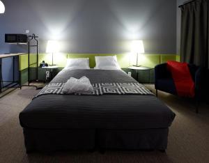 第聂伯罗纽波特酒店的一间卧室配有一张大床和一把椅子
