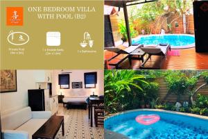 华欣BTC Boutique Resort Private Pool Villas and Studios Hua Hin บ้านทะเลจีน บูติค รีสอร์ท หัวหิน的一张照片和一座游泳池和一座房子相拼合