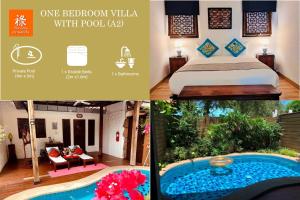 华欣BTC Boutique Resort Private Pool Villas and Studios Hua Hin บ้านทะเลจีน บูติค รีสอร์ท หัวหิน的一张床位和一个游泳池的房间的照片拼在一起