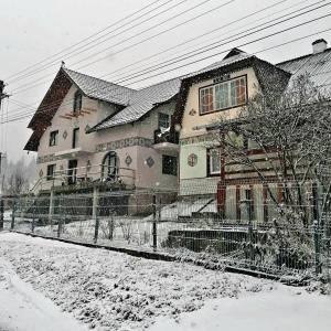 CiocăneştiCasa Aureliana的一座雪覆盖的房子,前面有栅栏