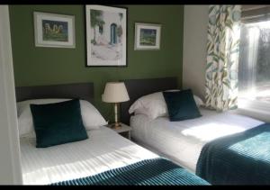 BrooklandPuddledock - luxury lodge - Romney Marsh, Kent的卧室设有两张床铺和绿色的墙壁