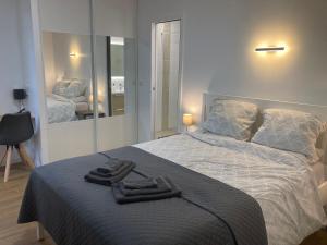 戛纳Chambre & salle de bain privative chez l'habitant ,bord de mer, vue mer的一间卧室配有一张床,上面有两条毛巾