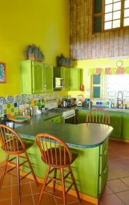 Port ElizabethTurtle Point Bequia - 4 BR Villa wstaff的厨房配有绿色橱柜和2个酒吧凳