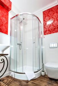 比亚韦斯托克Hotel POD HERBEM -POKOJE OZONOWANE的浴室设有玻璃淋浴间和红色的墙壁