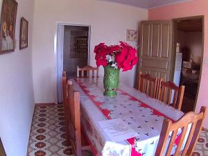 奥林匹亚Casa para temporada da Vó Cida的一张桌子,上面有红花花瓶