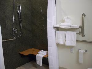 Gretna奥马哈I80州际公路智选假日酒店的带淋浴和白色毛巾的浴室